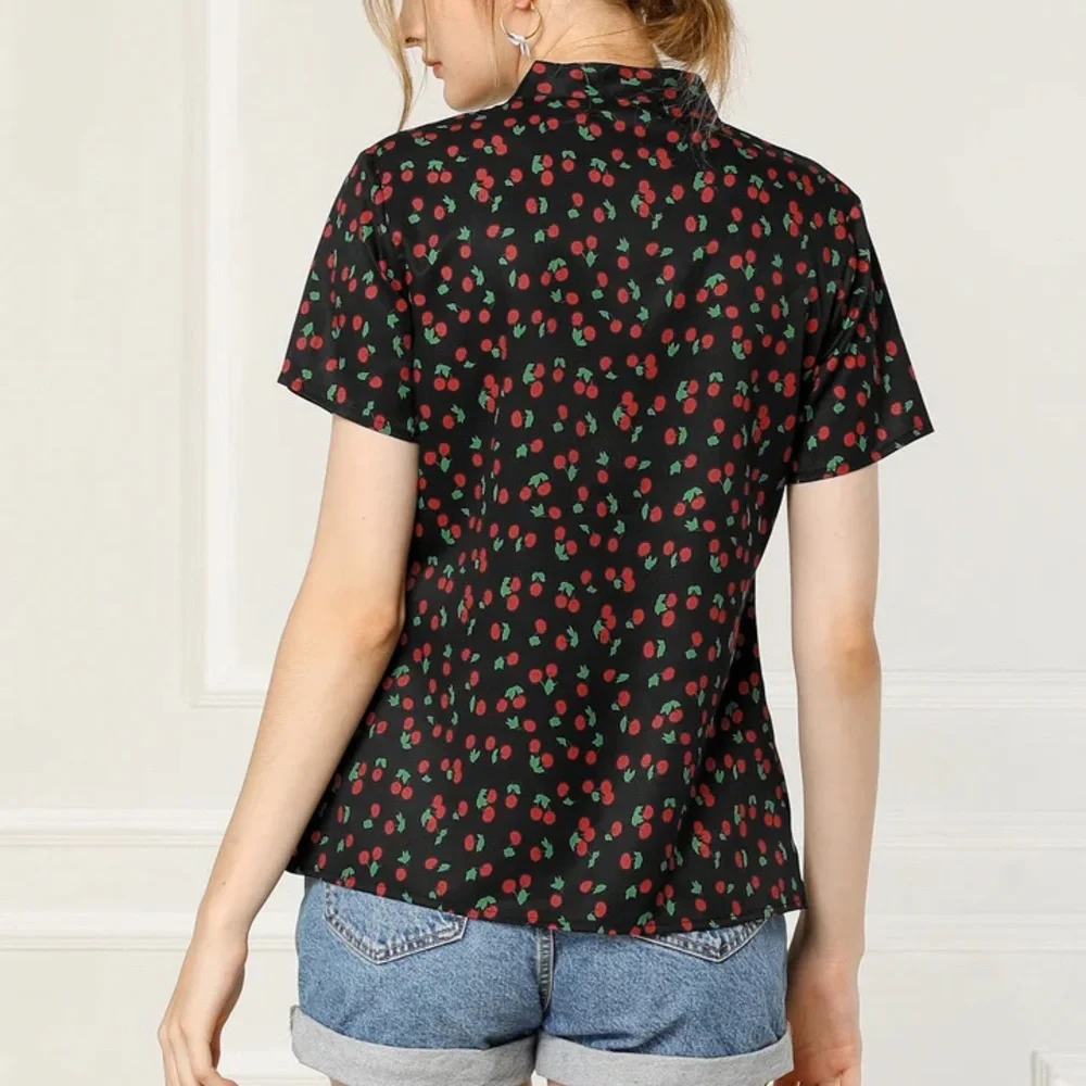 Allegra K Cherry Print Bow Tie Short Sleeve Black Chiffon Blouse | M - Picture 2 of 7